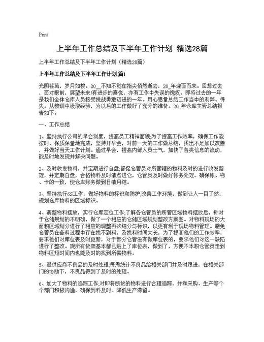 上半年工作总结及下半年工作计划(精选)