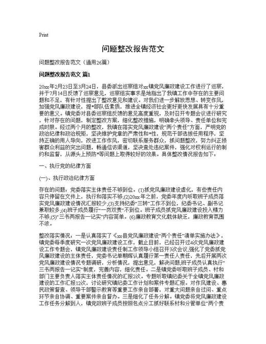 问题整改报告范文