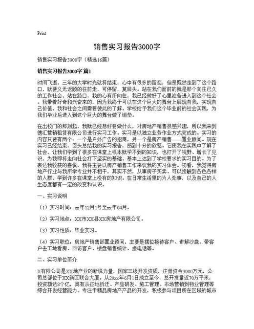 销售实习报告3000字