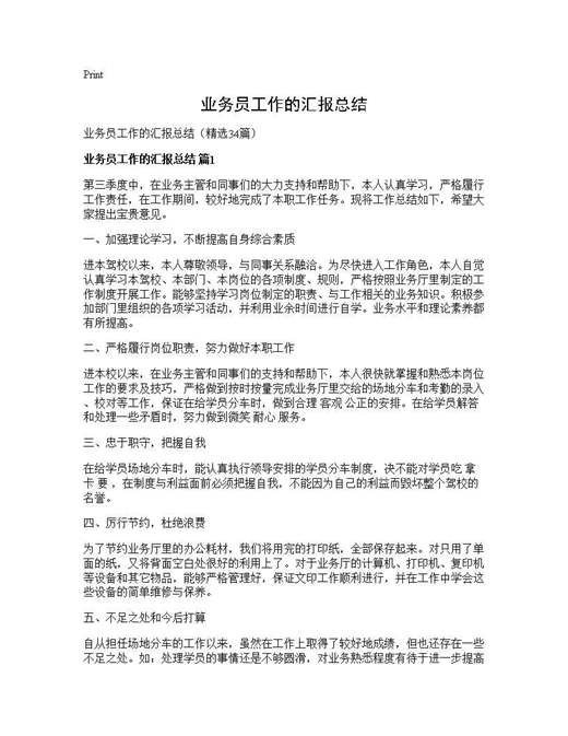 业务员工作的汇报总结