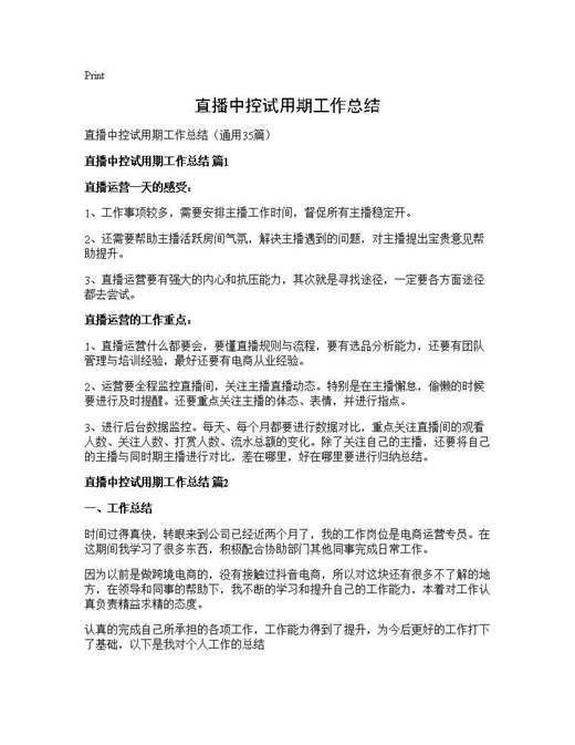 直播中控试用期工作总结