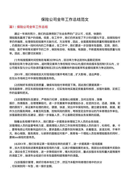 保险公司全年工作总结范文