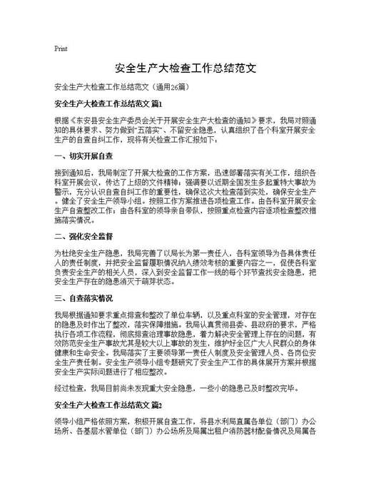 安全生产大检查工作总结范文