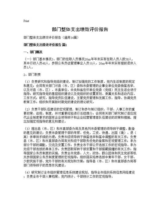 部门整体支出绩效评价报告