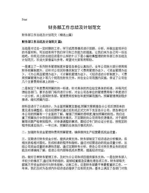 财务部工作总结及计划范文