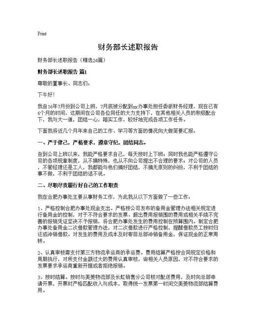 财务部长述职报告