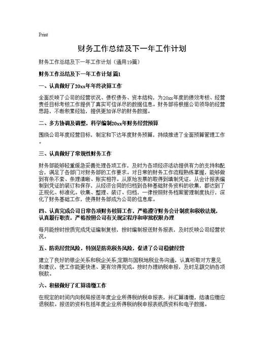 财务工作总结及下一年工作计划