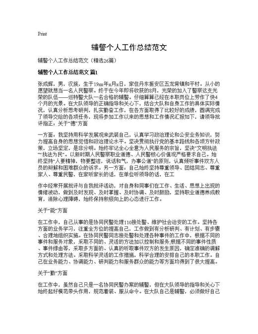 辅警个人工作总结范文