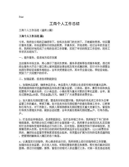 工商个人工作总结