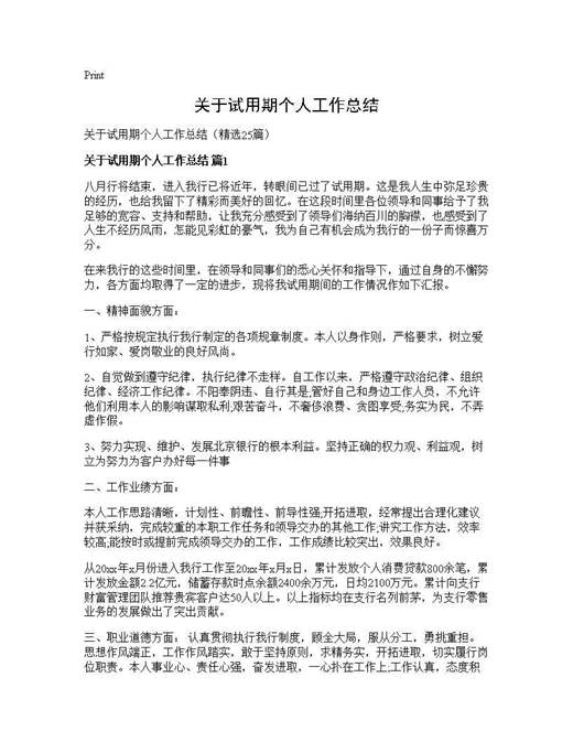 关于试用期个人工作总结
