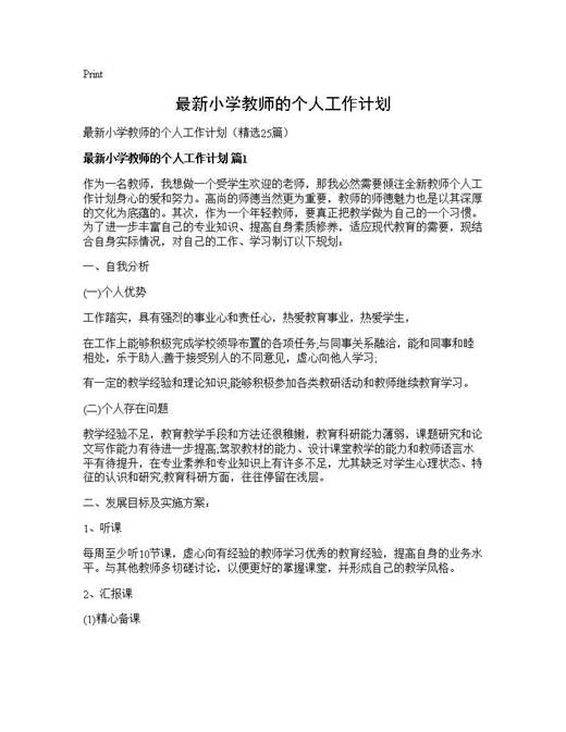 最新小学教师的个人工作计划
