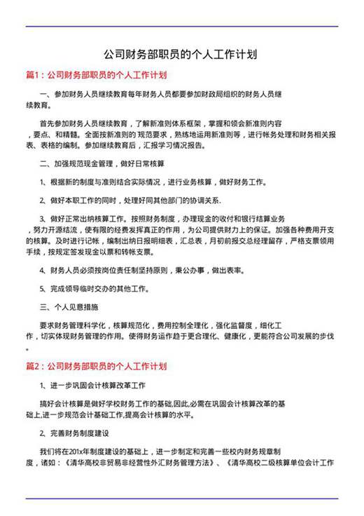 公司财务部职员的个人工作计划