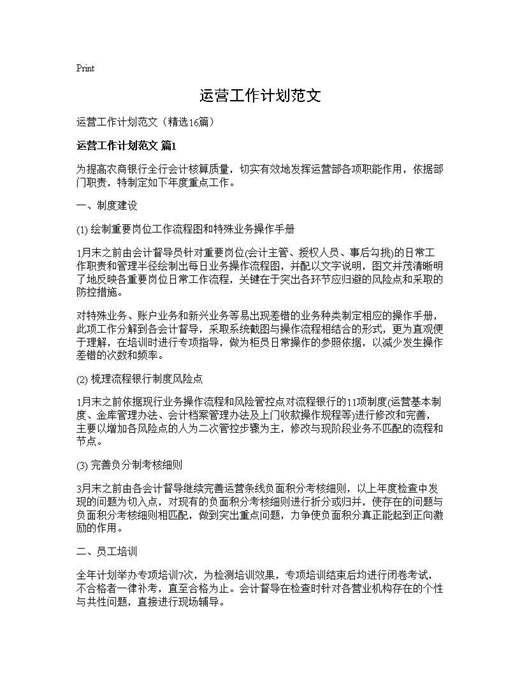 运营工作计划范文