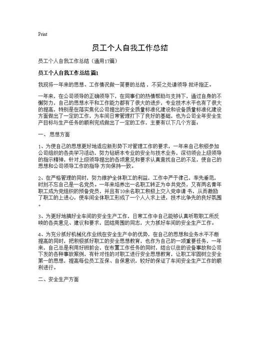 员工个人自我工作总结