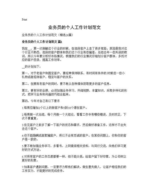 业务员的个人工作计划范文