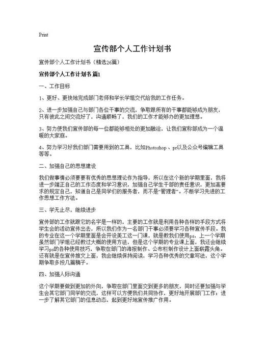 宣传部个人工作计划书