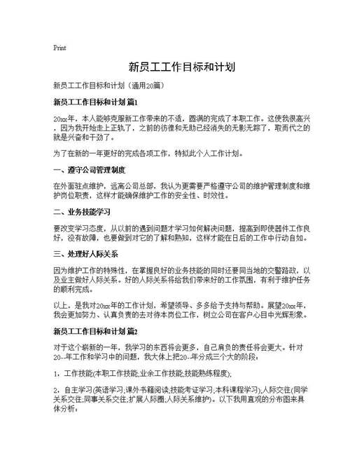 新员工工作目标和计划