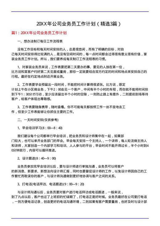 20XX年公司业务员工作计划