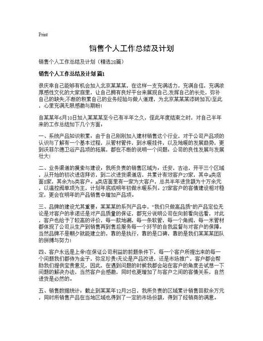 销售个人工作总结及计划