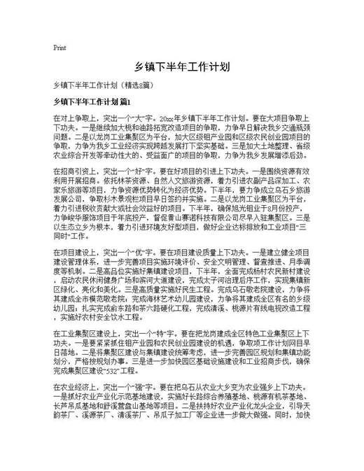 乡镇下半年工作计划