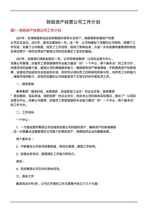 财政资产经营公司工作计划