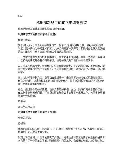 试用期新员工的转正申请书总结