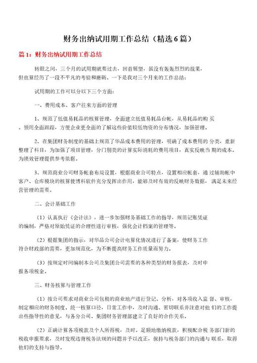 财务出纳试用期工作总结