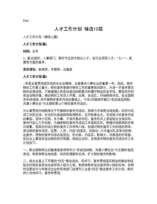 人才工作计划(精选)