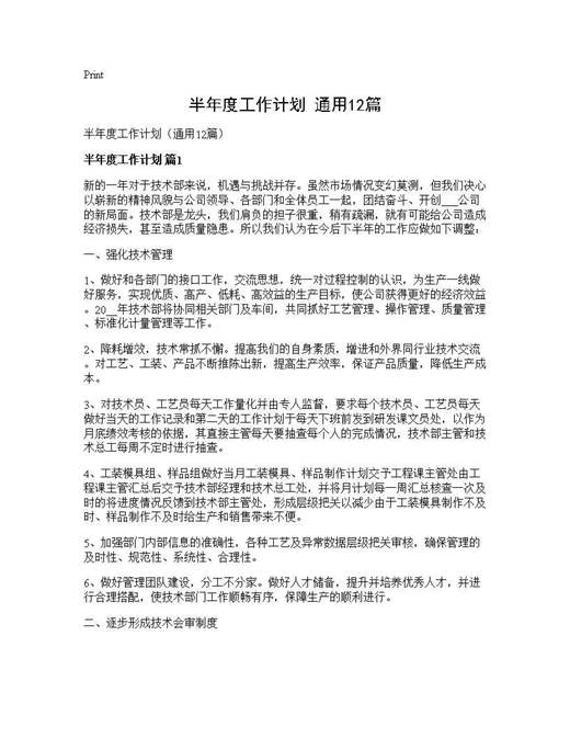 半年度工作计划(通用)