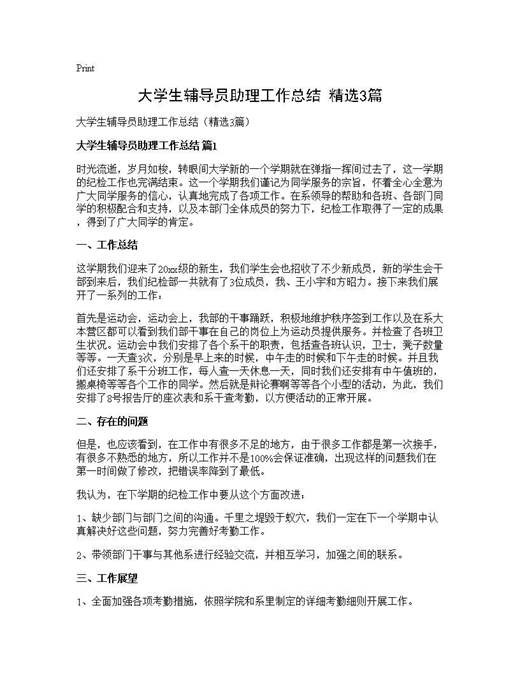 大学生辅导员助理工作总结(精选)