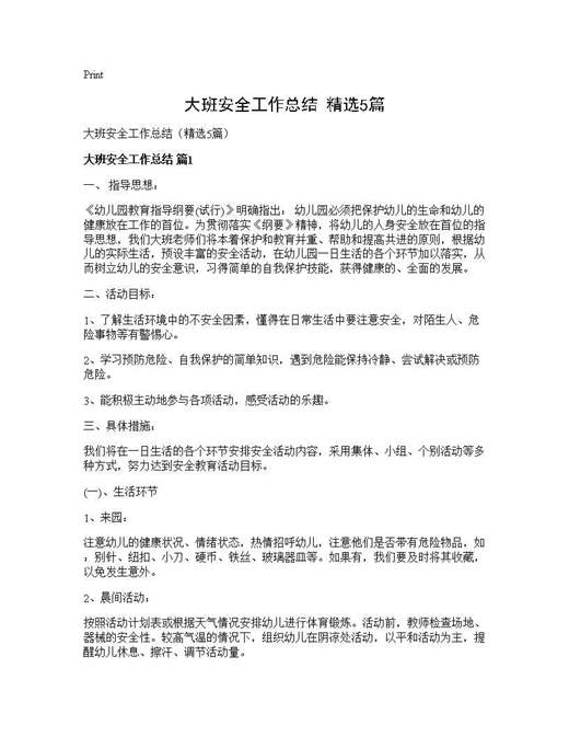 大班安全工作总结(精选)