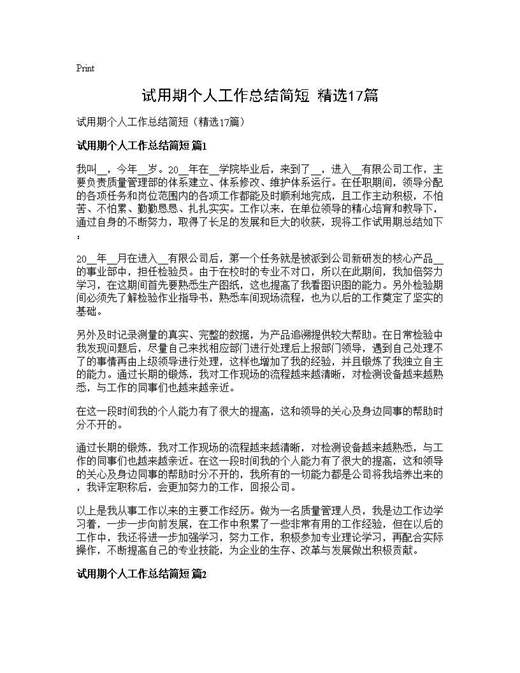 试用期个人工作总结简短(精选)