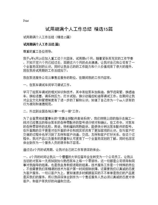 试用期满个人工作总结(精选)