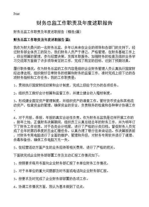 财务总监工作职责及年度述职报告