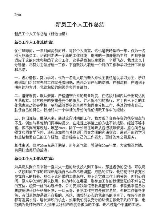 新员工个人工作总结