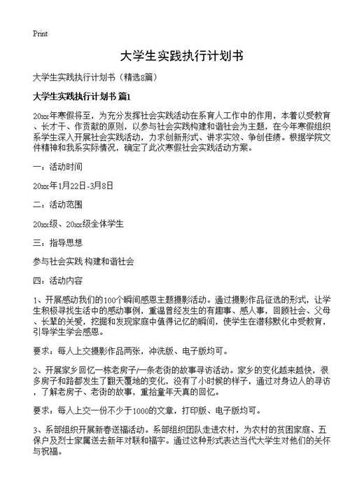 大学生实践执行计划书