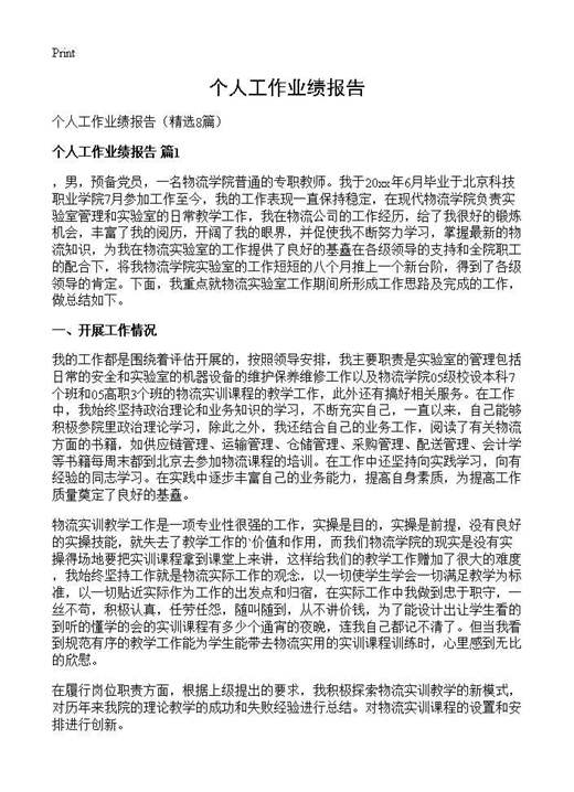 个人工作业绩报告