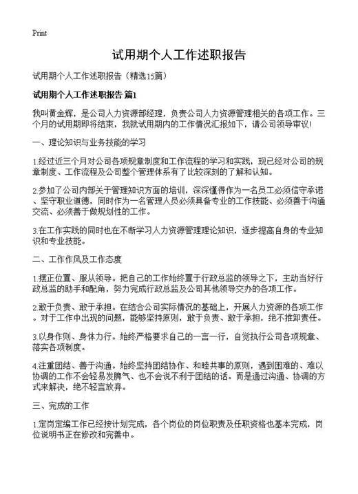 试用期个人工作述职报告