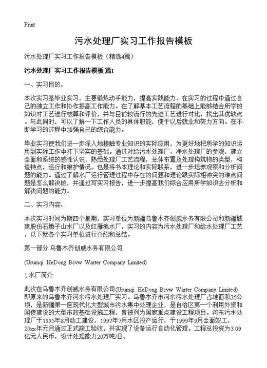 污水处理厂实习工作报告模板