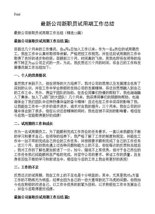 最新公司新职员试用期工作总结