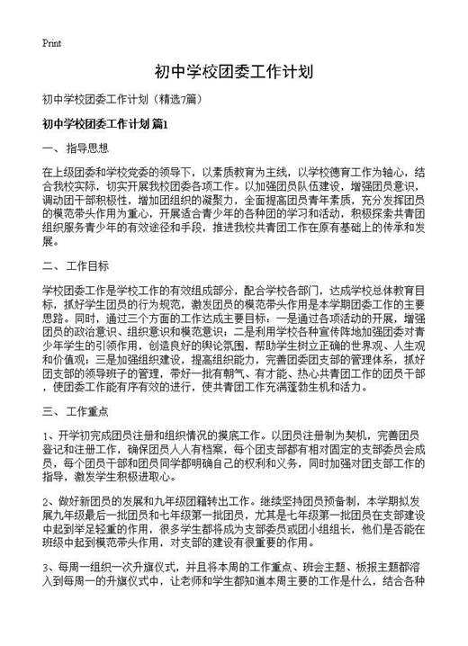 初中学校团委工作计划