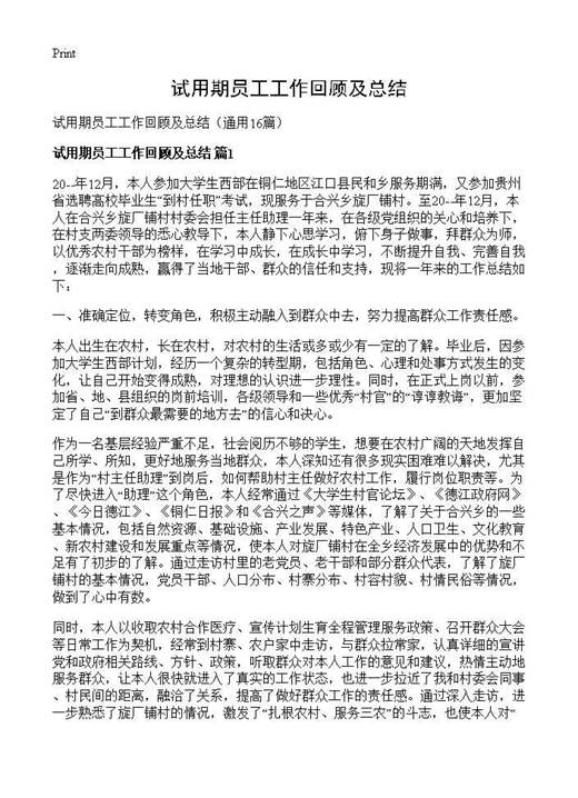 试用期员工工作回顾及总结