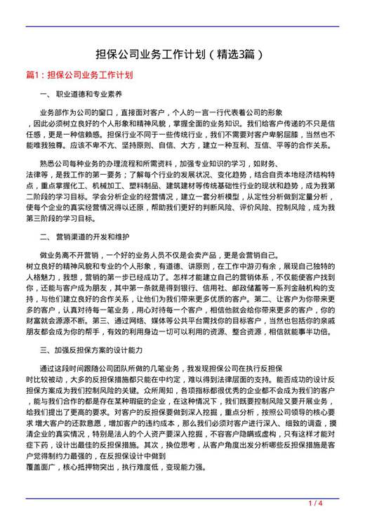担保公司业务工作计划