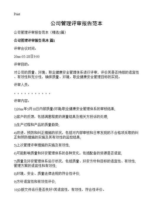 公司管理评审报告范本