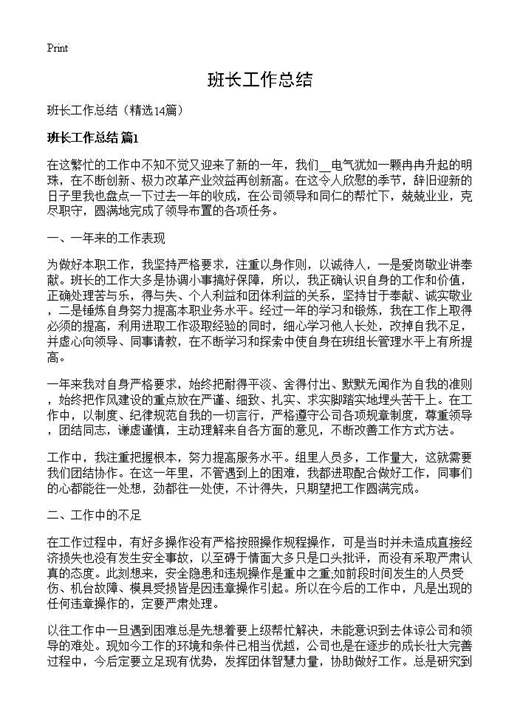 班长工作总结