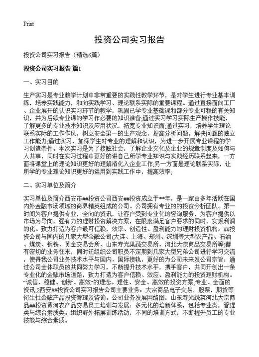 投资公司实习报告
