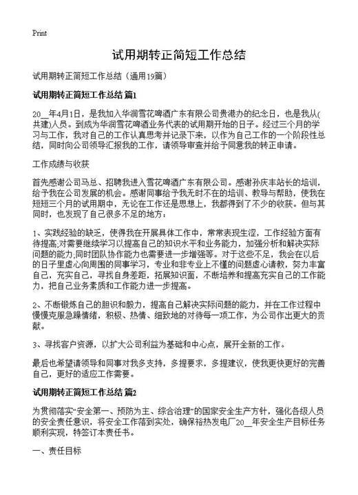 试用期转正简短工作总结