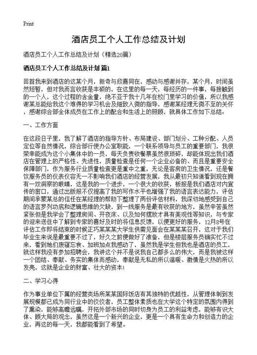 酒店员工个人工作总结及计划