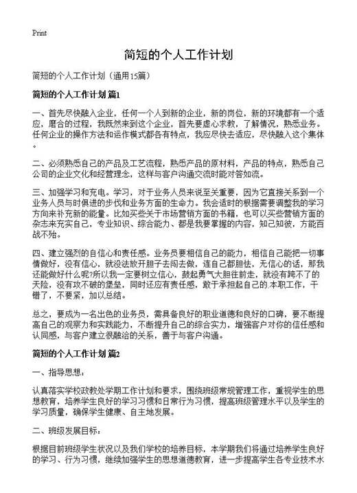 简短的个人工作计划
