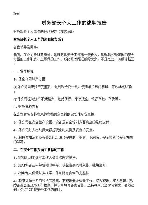 财务部长个人工作的述职报告